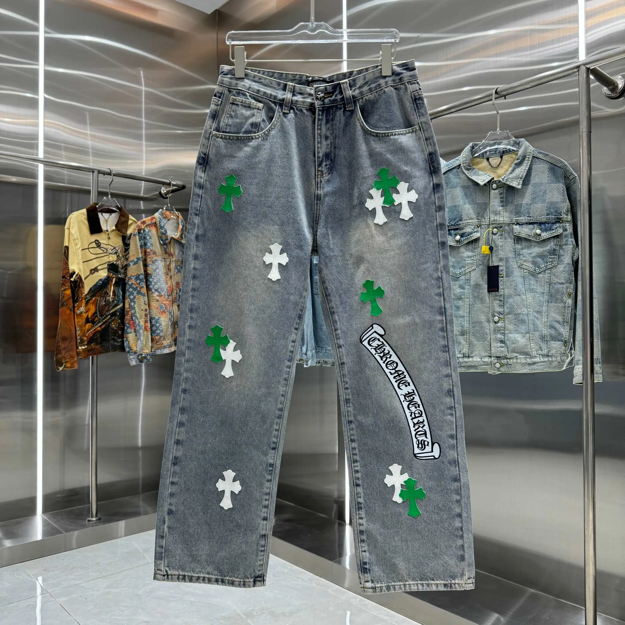 🅿️270 Crow Heart Cross logo + printed logo jeans 2025 latest product, original goods, washed casual jeans, imported original washed stretch fabric, comfortable and elastic, original hardware accessories decorated with logo, super correct version, extremely high grade, counter quality, fashionable and stylish upper body. The printing adopts imported foam printing, customized buttons, YKK zippers. The complete set of accessories is customized by molding. Color: blue Size: S-XXL 28 30 32 34 36 code